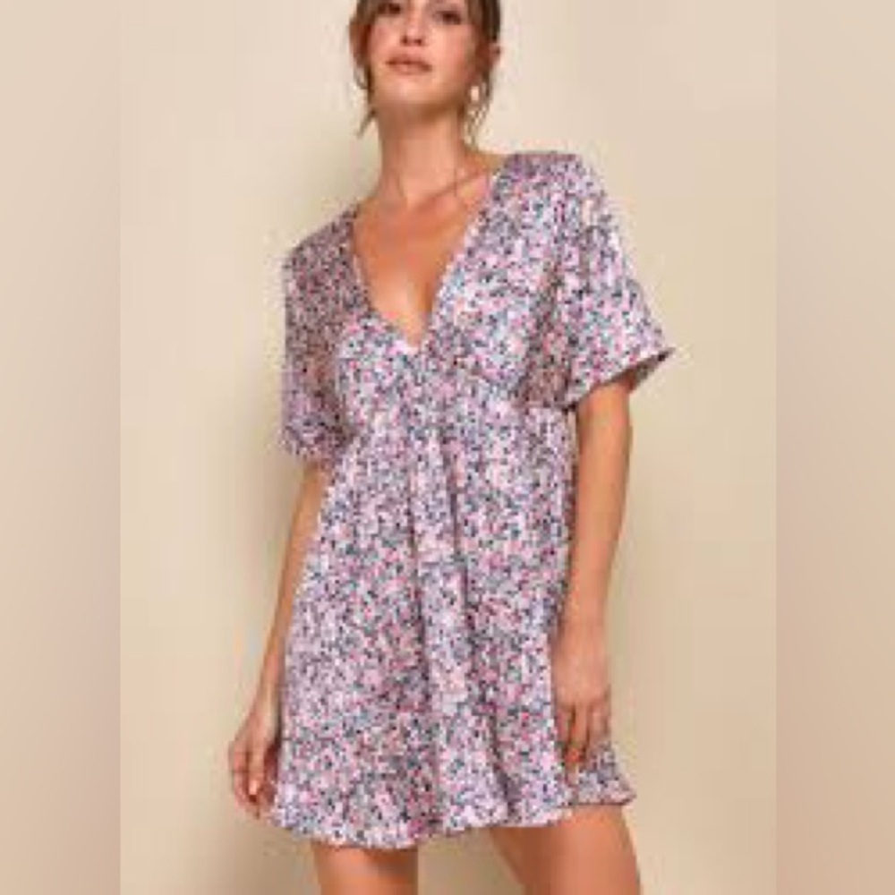 Lulus floral silky babydoll mini dress w/ tie back size small
